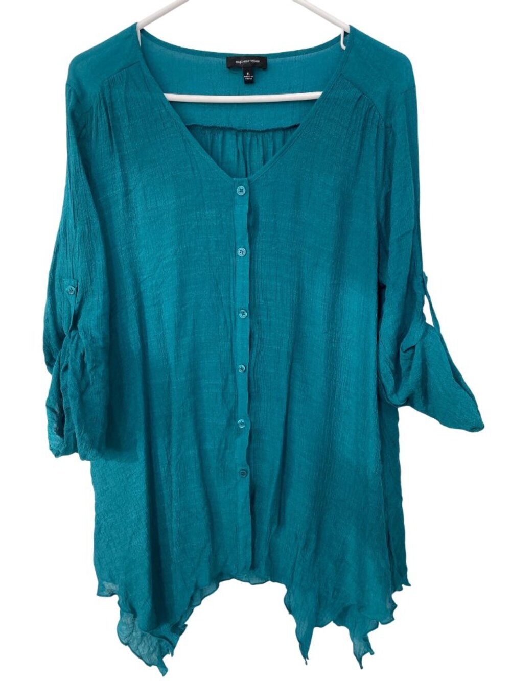 Spense Tunic Shirt XL V-Neck Button Front Asymmetrical Lagenlook Bohemian Chic